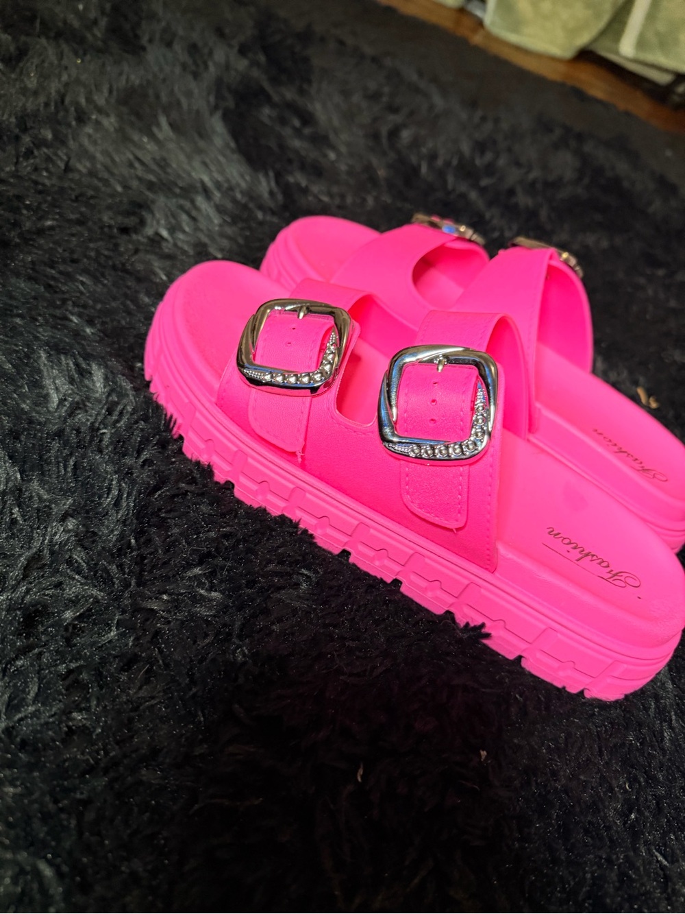 Hot Pink Double Buckle Slide Sandals - Picture 2 of 4